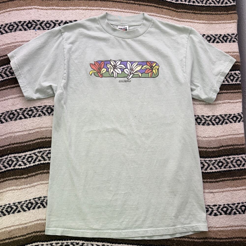 Vintage 90's Colorado Pale Light Green Floral Flowers Nature Tee Shirt Sz Large